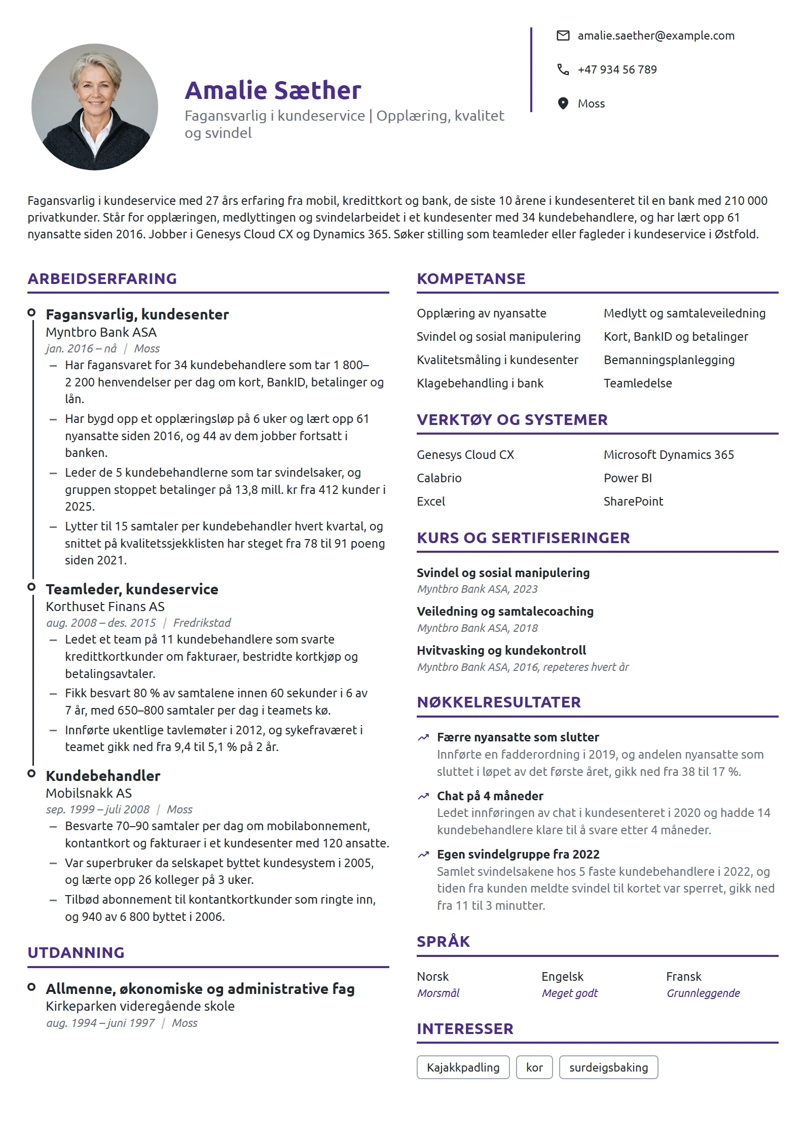 CV-eksempel for fagansvarlig i kundeservice, bank