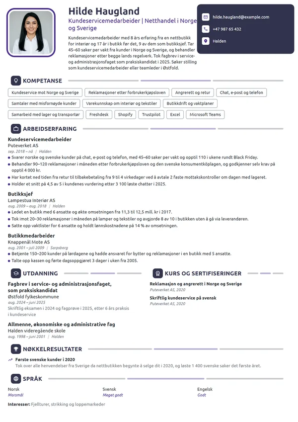 CV-eksempel for kundeservicemedarbeider med butikkbakgrunn