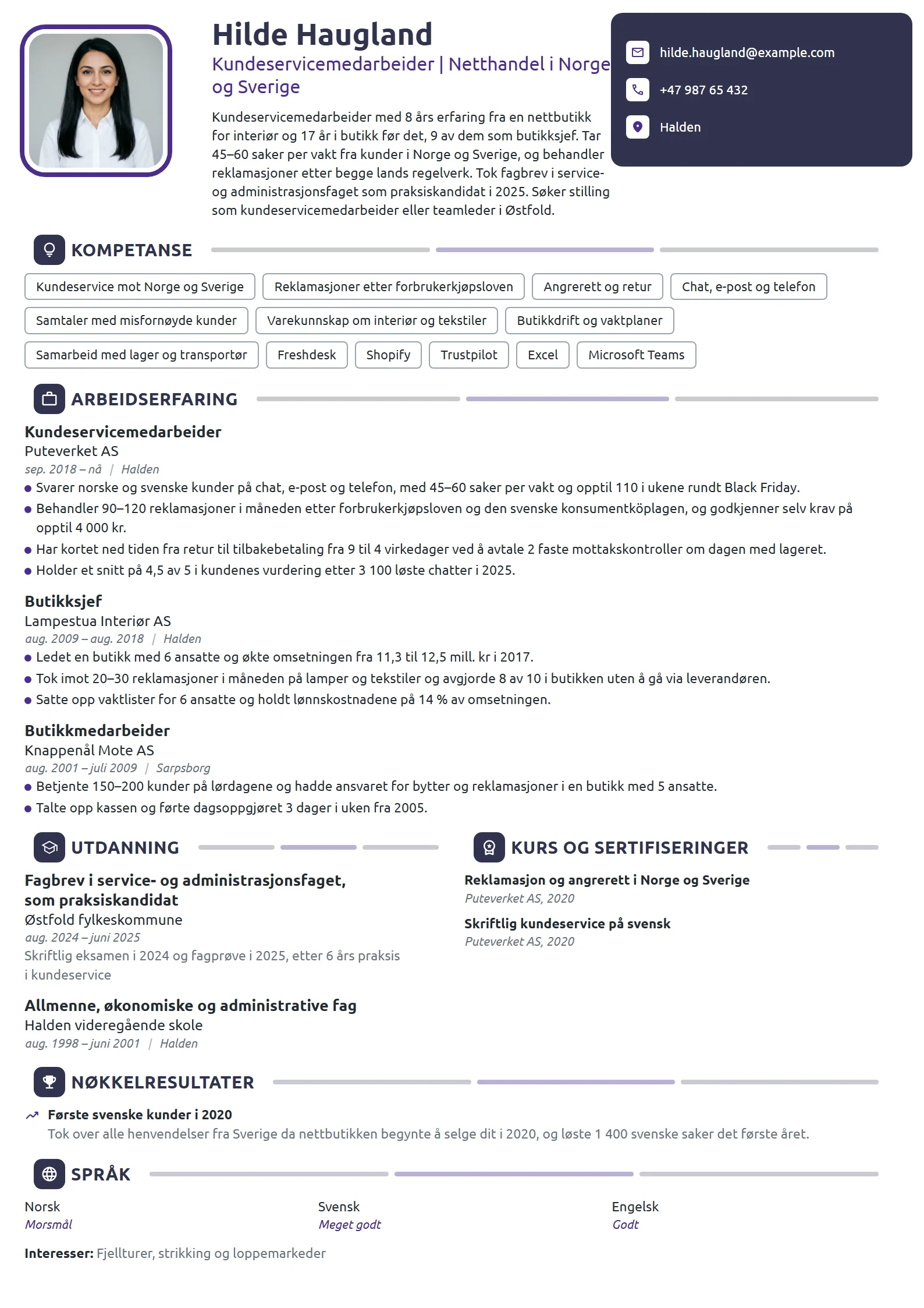 CV-eksempel for kundeservicemedarbeider med butikkbakgrunn