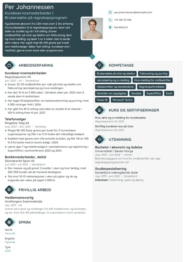 CV-eksempel for kundeservicemedarbeider, nyutdannet økonom