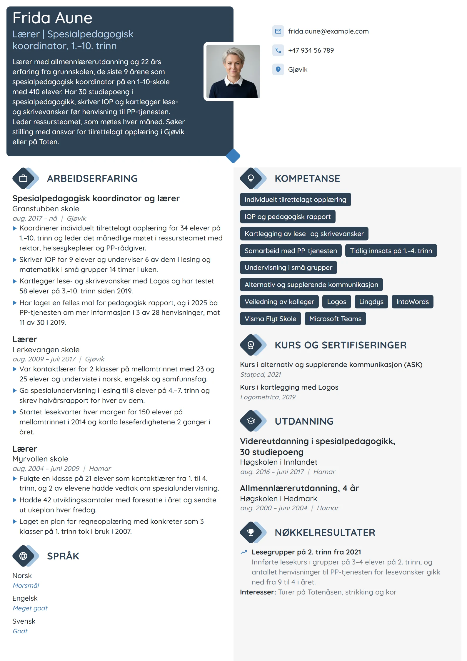 CV-eksempel for lærer med spesialpedagogikk