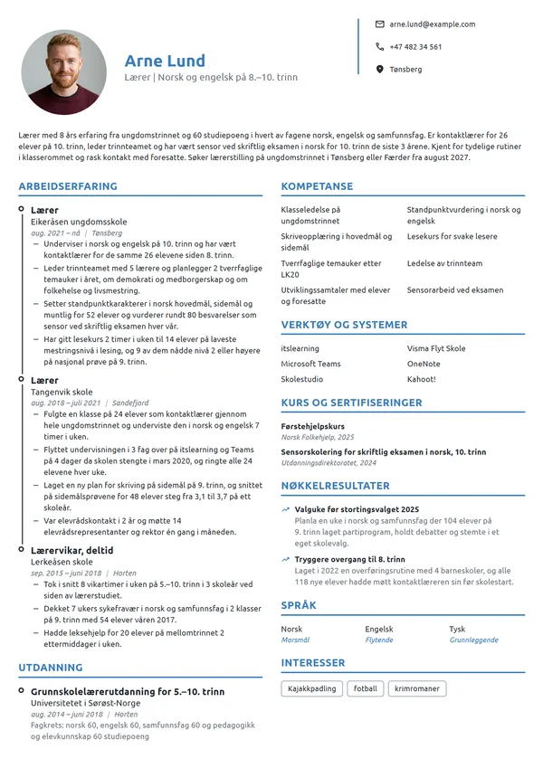 CV-eksempel for lærer på ungdomstrinnet