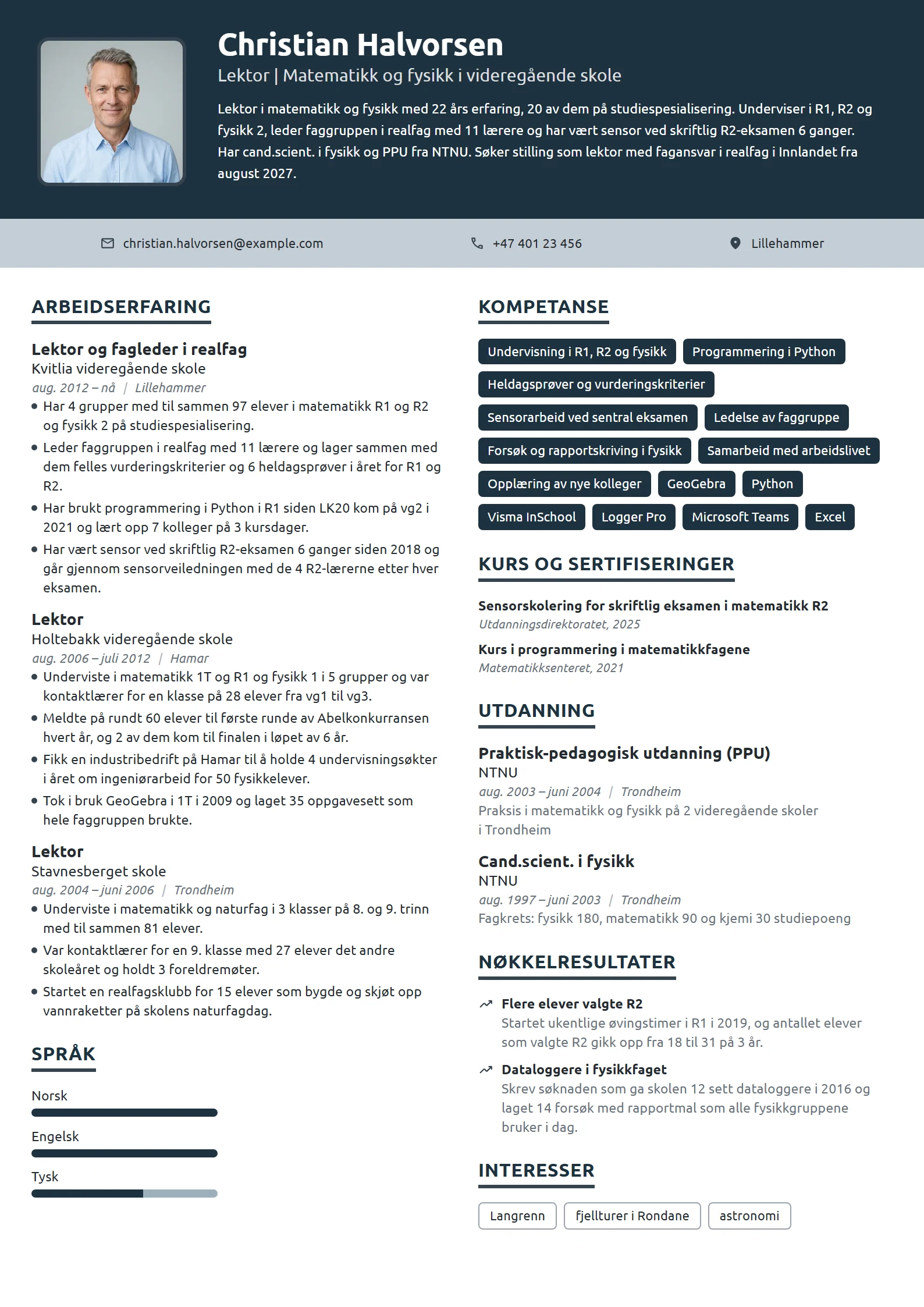 CV-eksempel for lektor i realfag, videregående skole