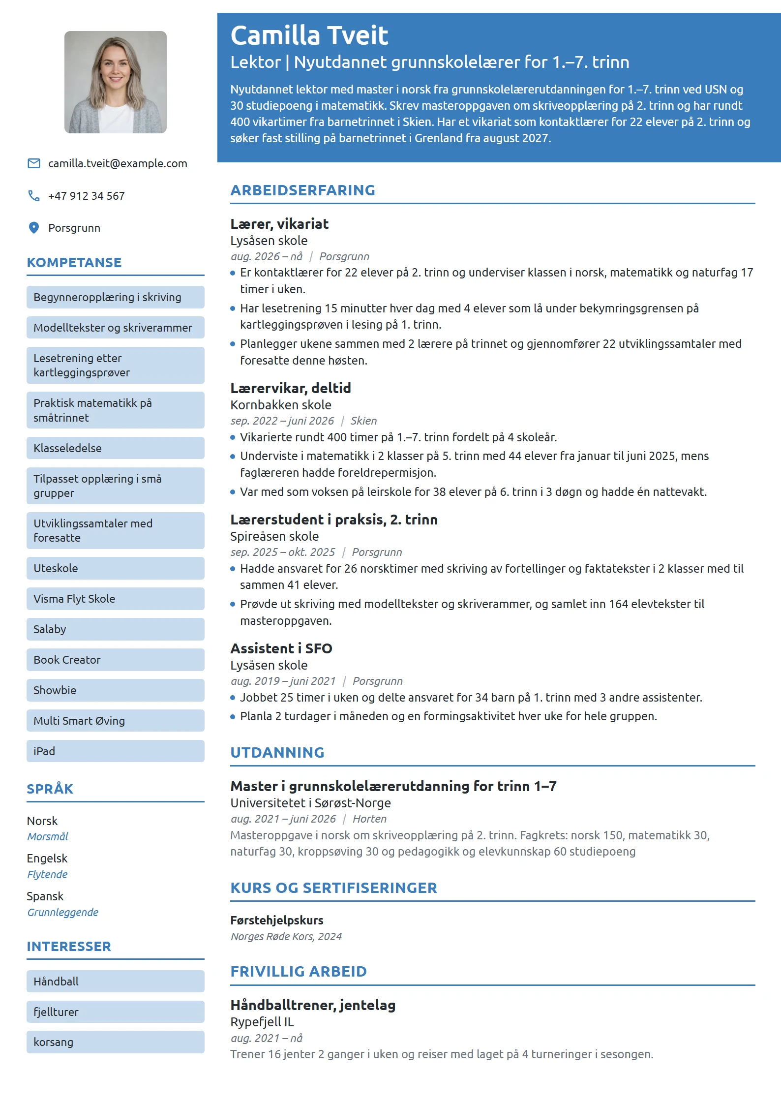 CV-eksempel for nyutdannet lærer på barnetrinnet