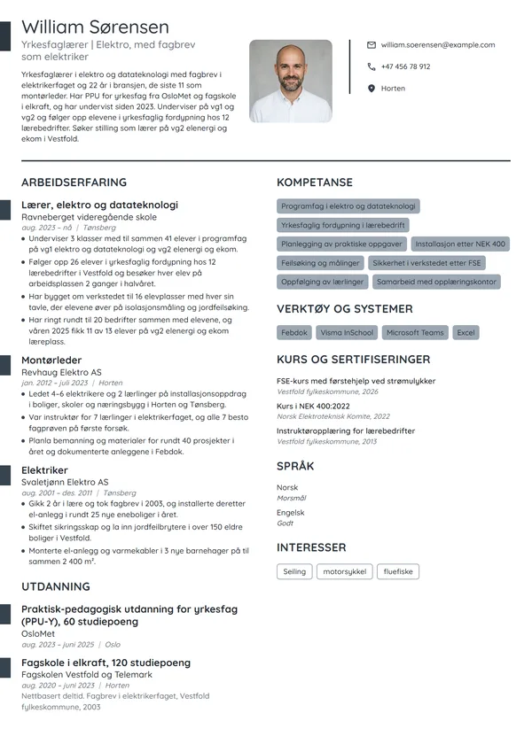 CV-eksempel for yrkesfaglærer i elektro, fra elektriker