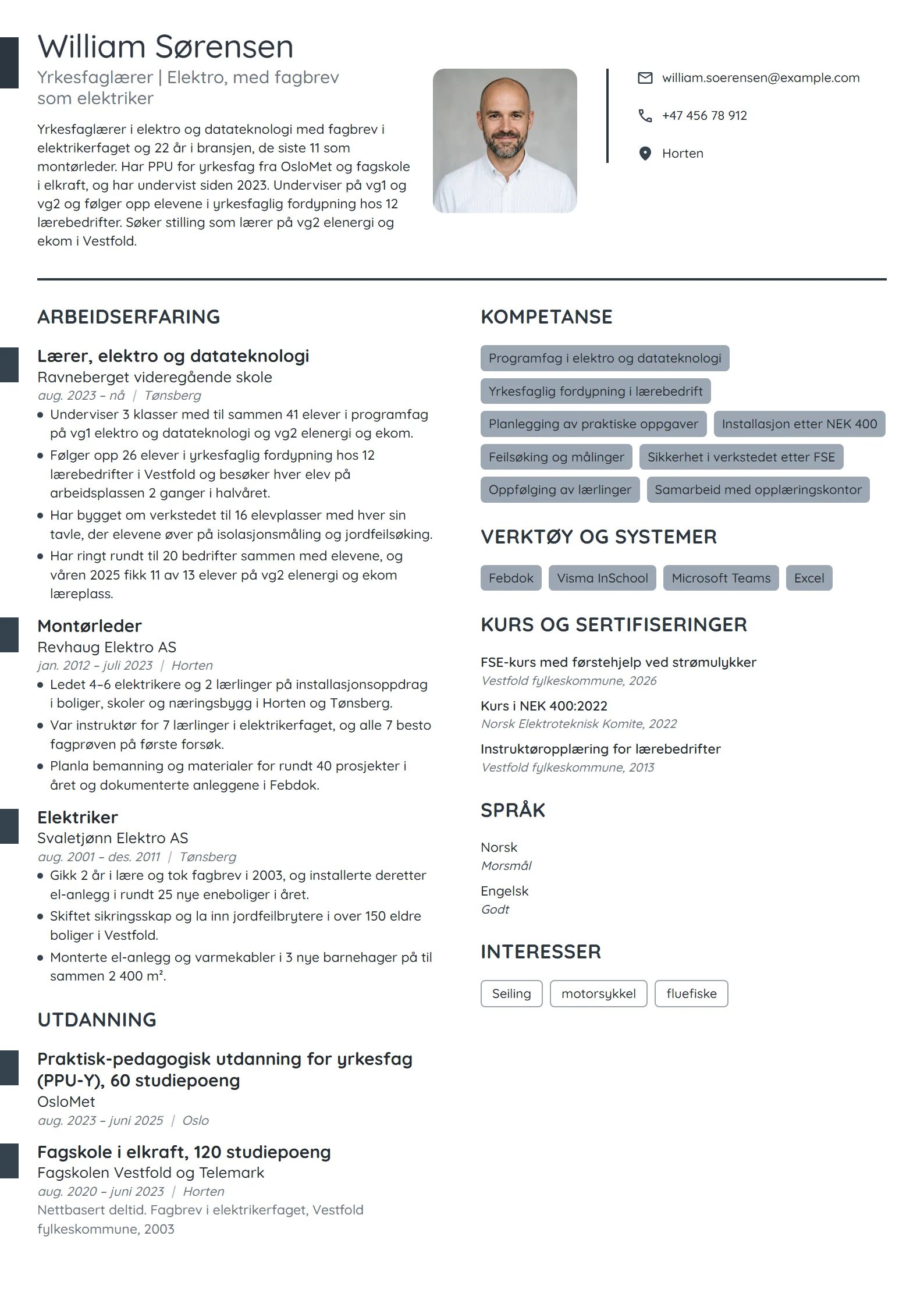 CV-eksempel for yrkesfaglærer i elektro, fra elektriker