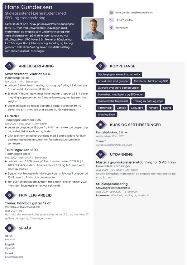CV-eksempel for skoleassistent og lærerstudent