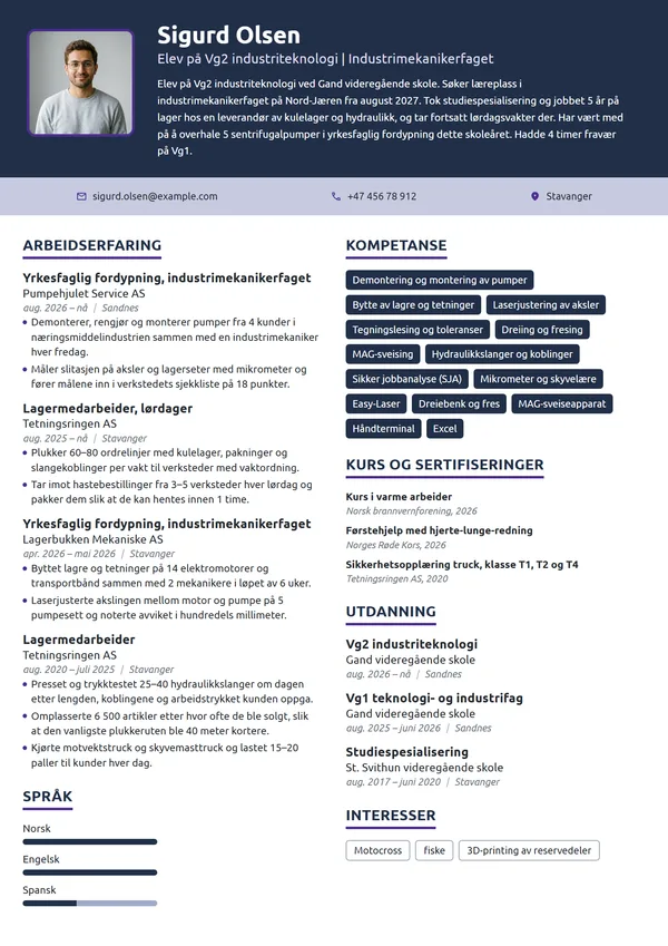CV-eksempel for søker læreplass som industrimekaniker