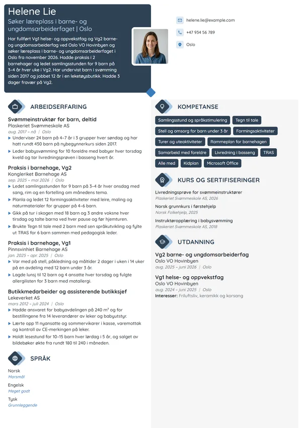 CV-eksempel for voksen lærling, barne- og ungdomsarbeider