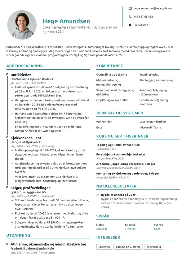 CV-eksempel for fra kjøkkenstudio til tømrerlærling