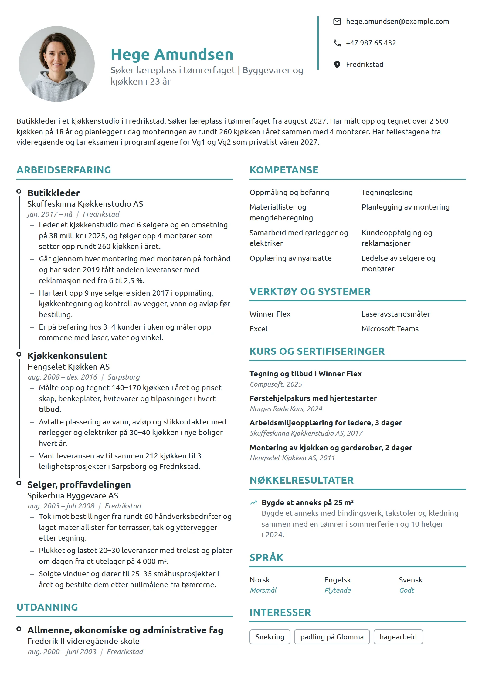 CV-eksempel for fra kjøkkenstudio til tømrerlærling