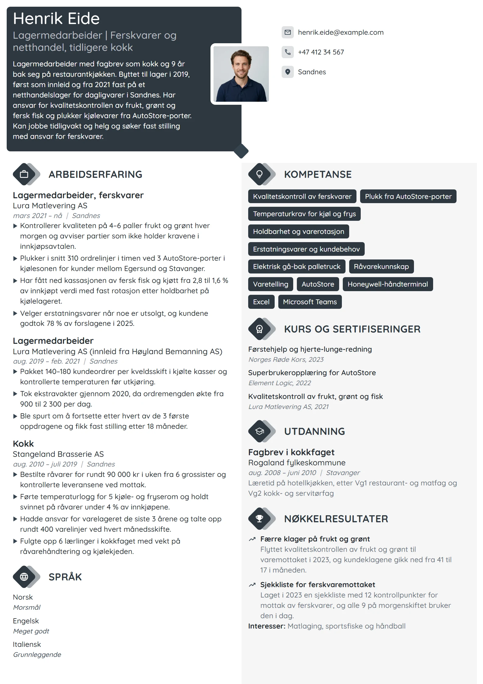 CV-eksempel for lagermedarbeider med kokkebakgrunn