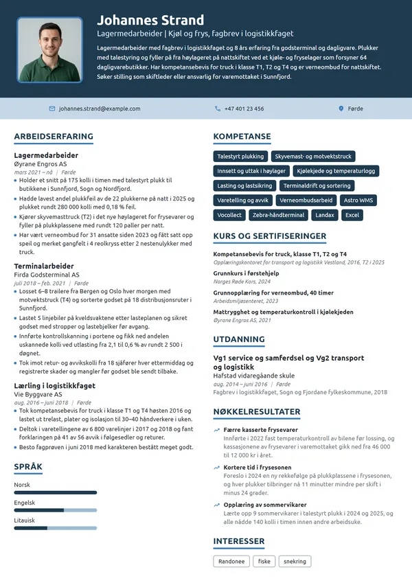 CV-eksempel for lagermedarbeider, kjøl og frys