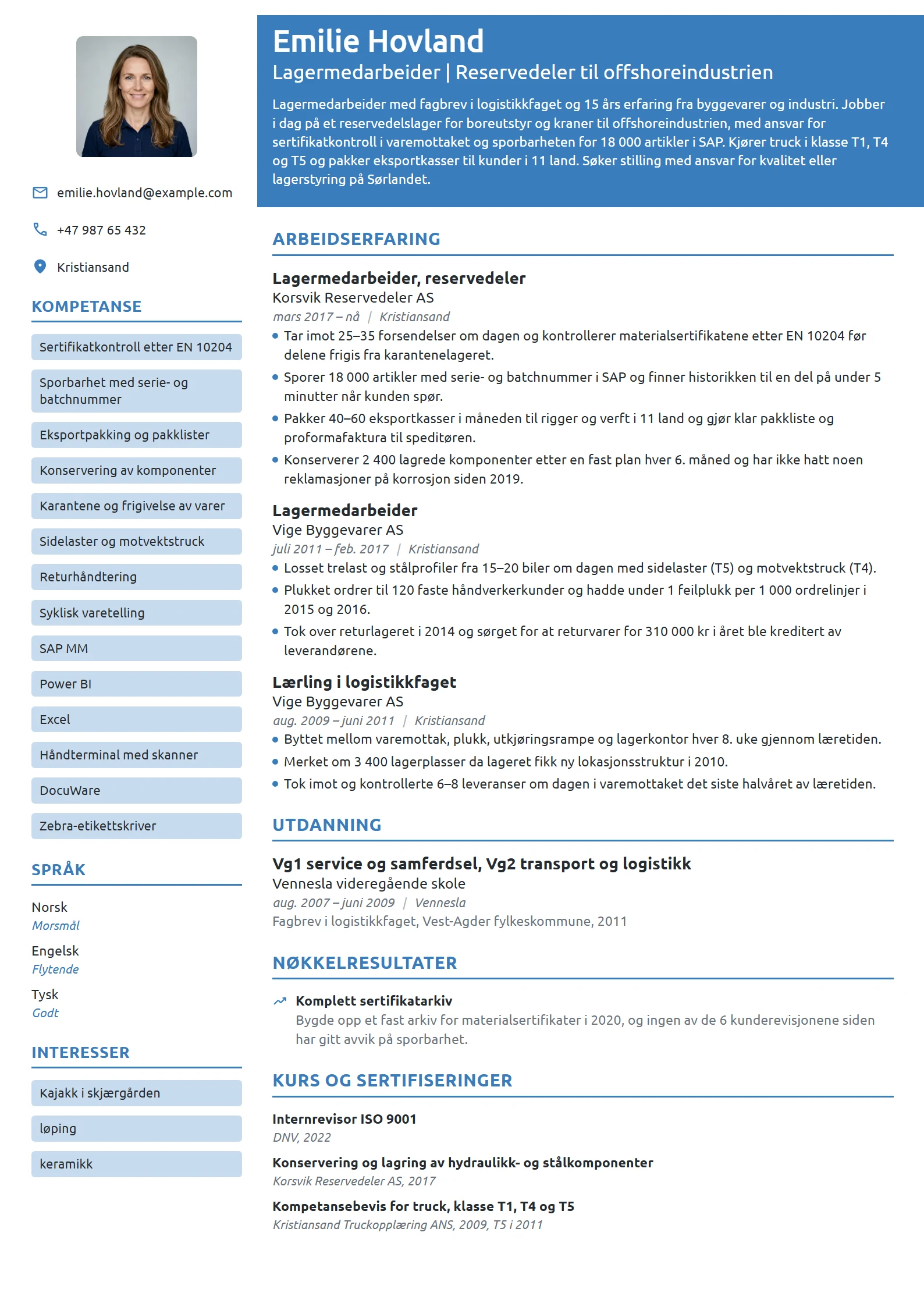 CV-eksempel for lagermedarbeider på reservedelslager