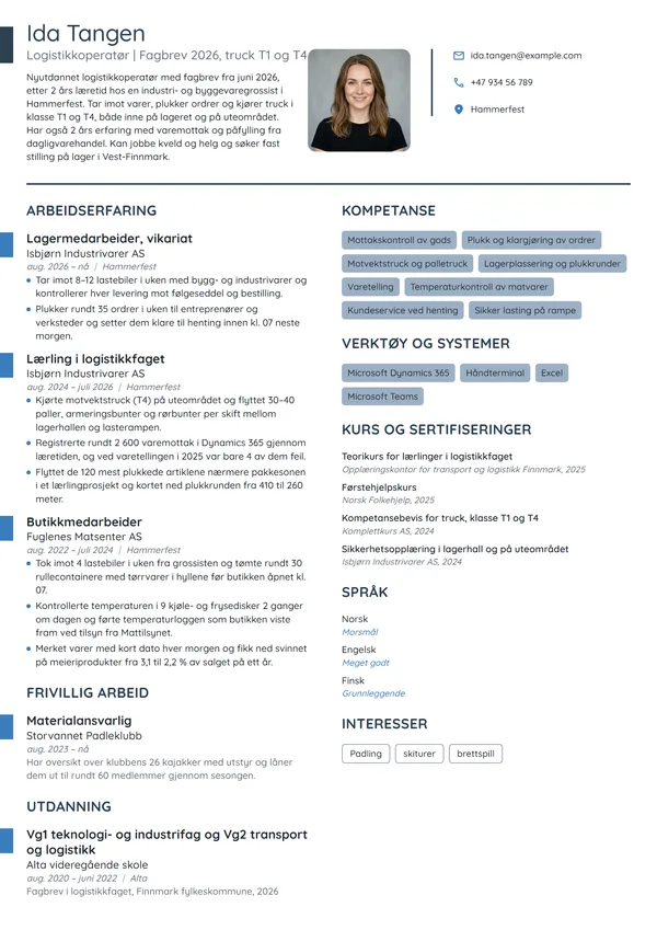 CV-eksempel for nyutdannet logistikkoperatør