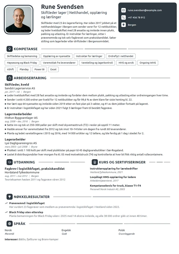 CV-eksempel for skiftleder på netthandelslager