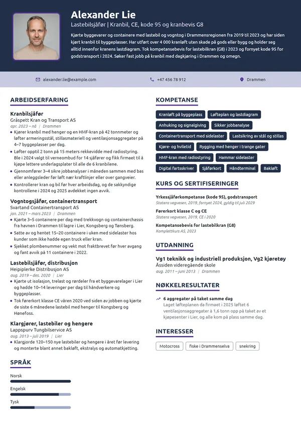 CV-eksempel for kranbilsjåfør med klasse CE og G8
