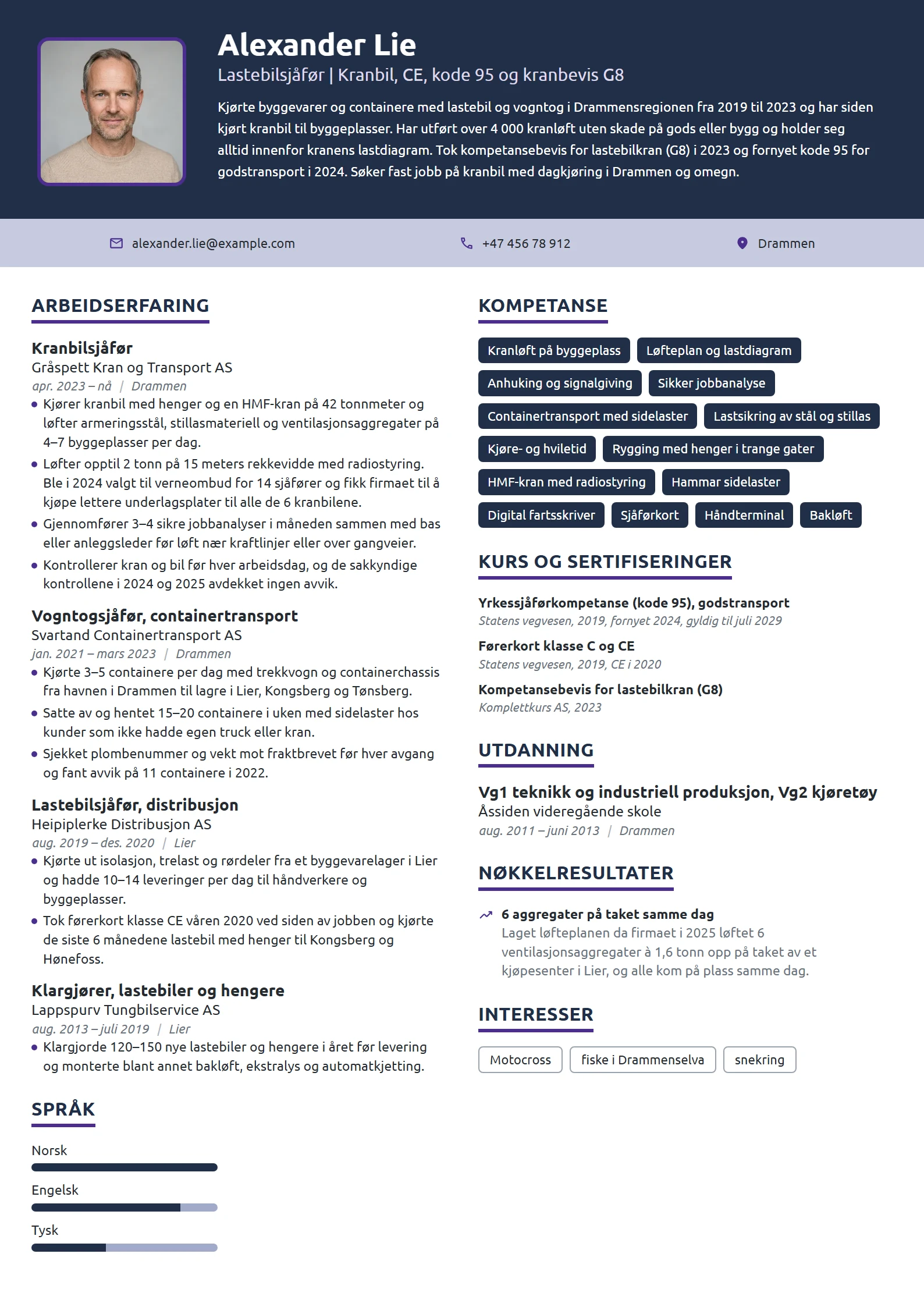 CV-eksempel for kranbilsjåfør med klasse CE og G8