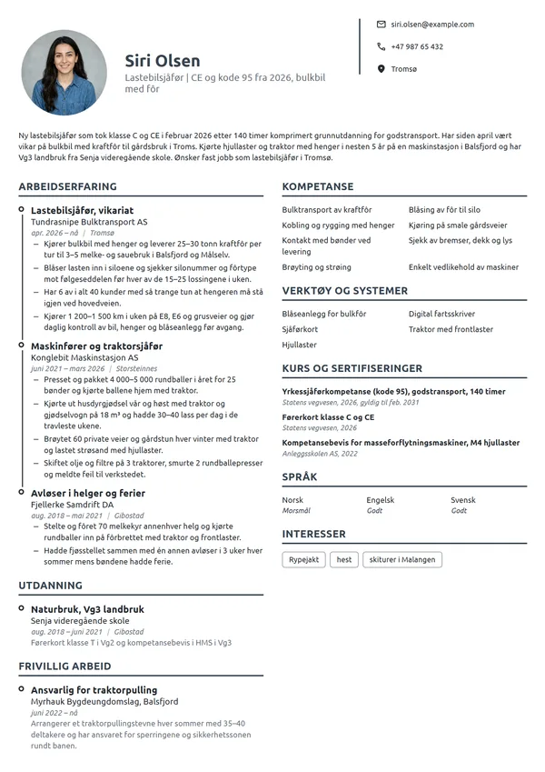 CV-eksempel for ny lastebilsjåfør med landbruksbakgrunn