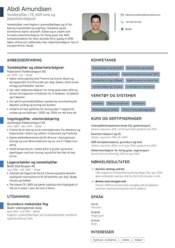 CV-eksempel for tankbilsjåfør og sikkerhetsrådgiver