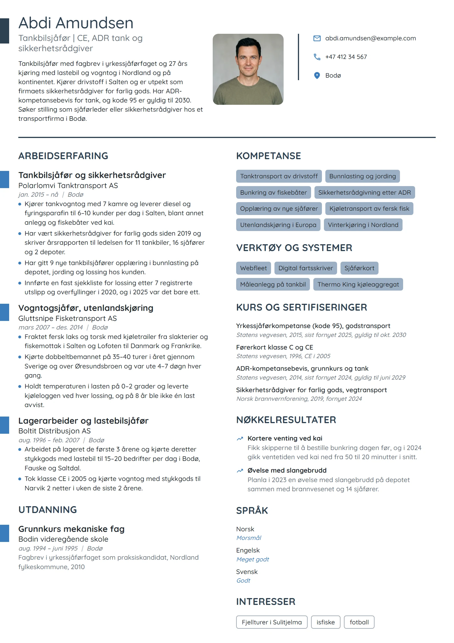 CV-eksempel for tankbilsjåfør og sikkerhetsrådgiver