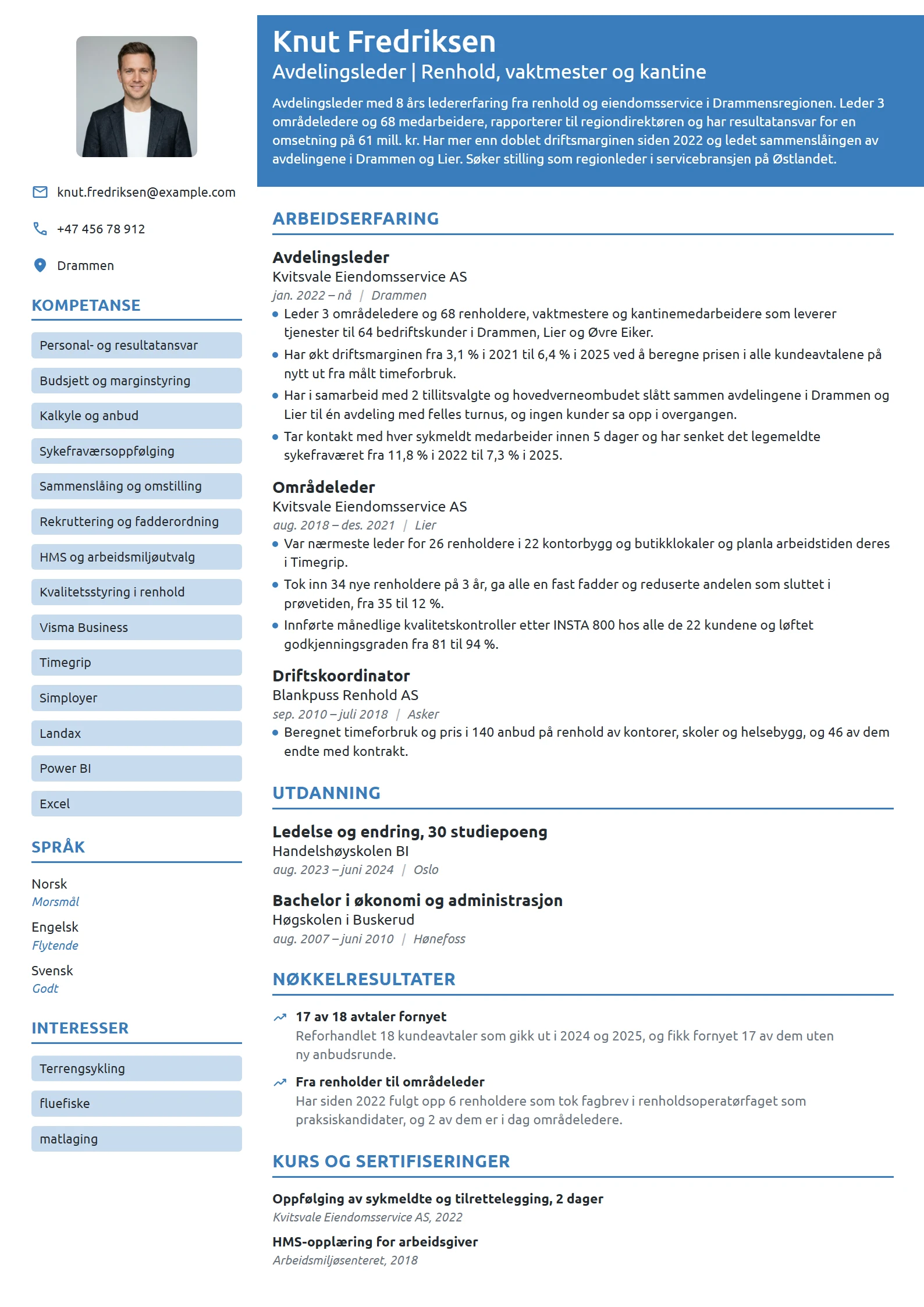 CV-eksempel for avdelingsleder i eiendomsservice