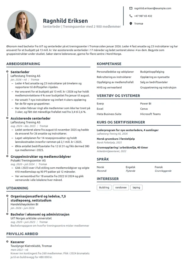 CV-eksempel for senterleder i første lederstilling