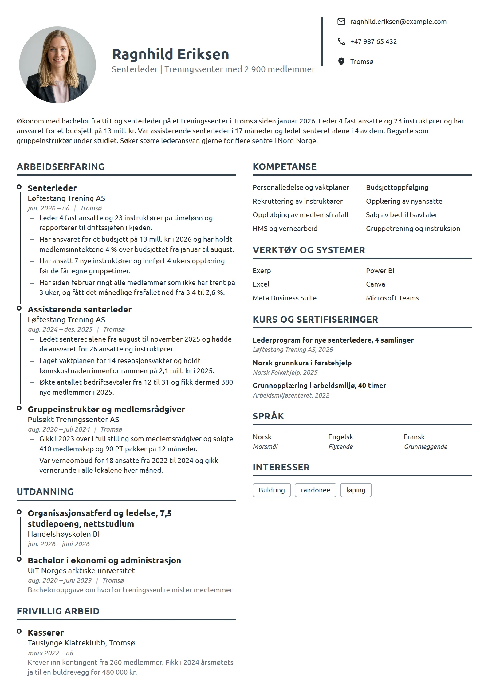 CV-eksempel for senterleder i første lederstilling