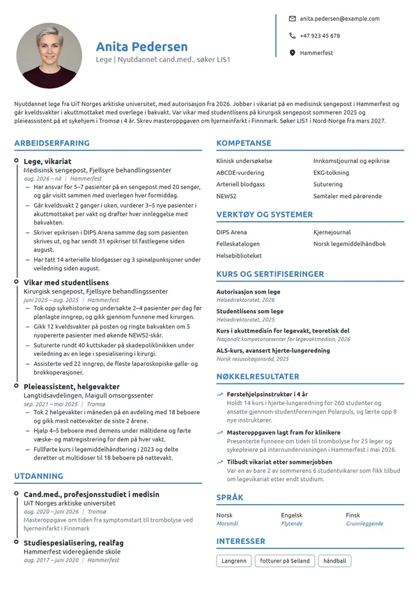CV-eksempel for nyutdannet lege