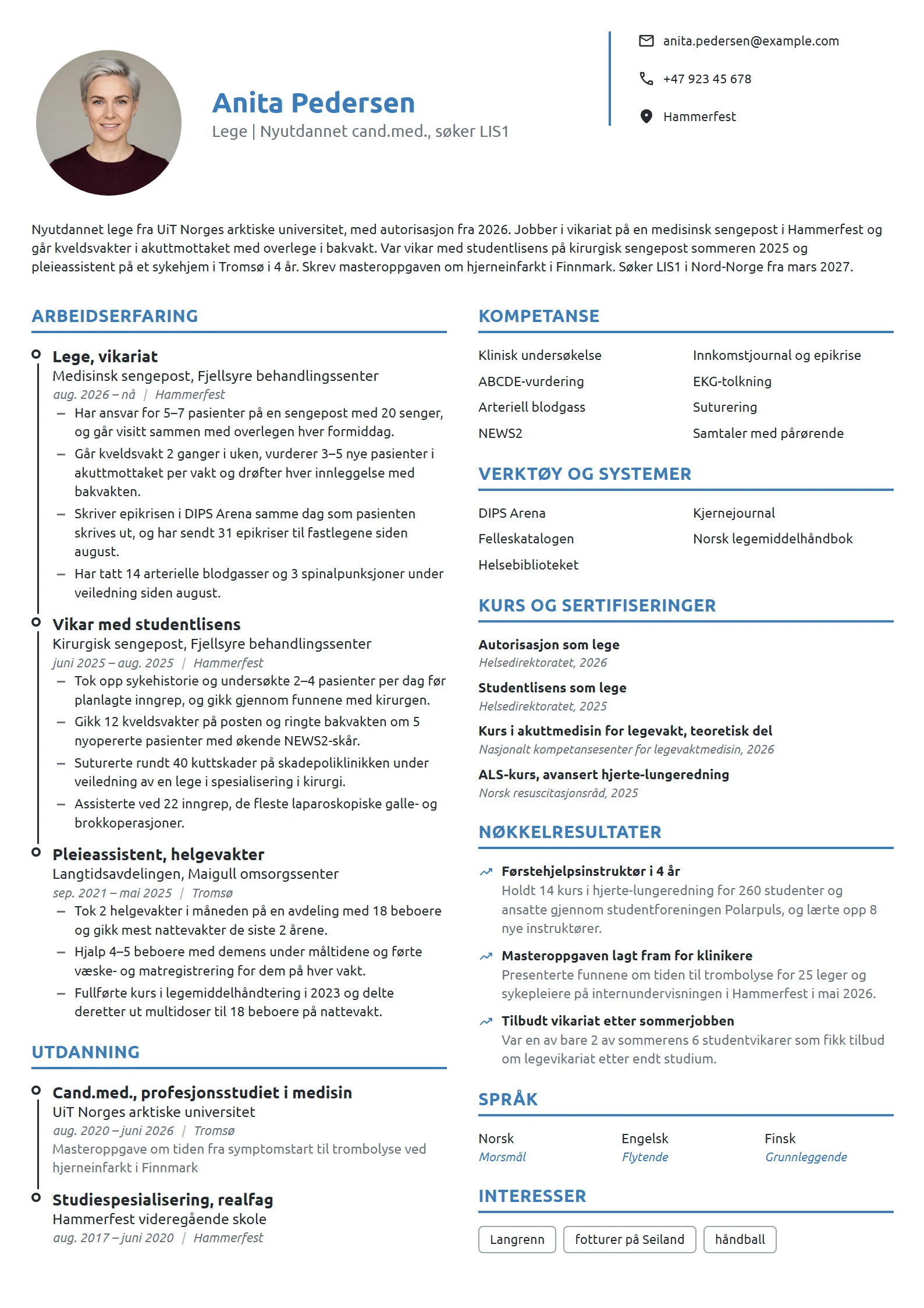 CV-eksempel for nyutdannet lege