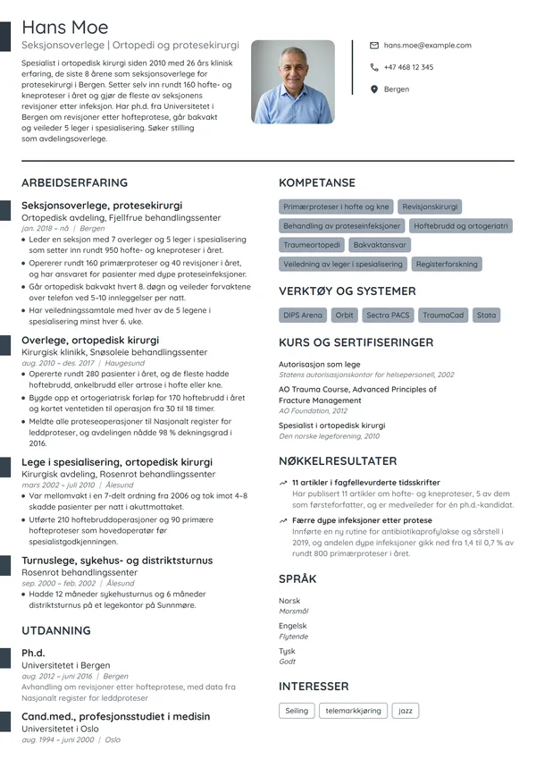 CV-eksempel for overlege i ortopedisk kirurgi