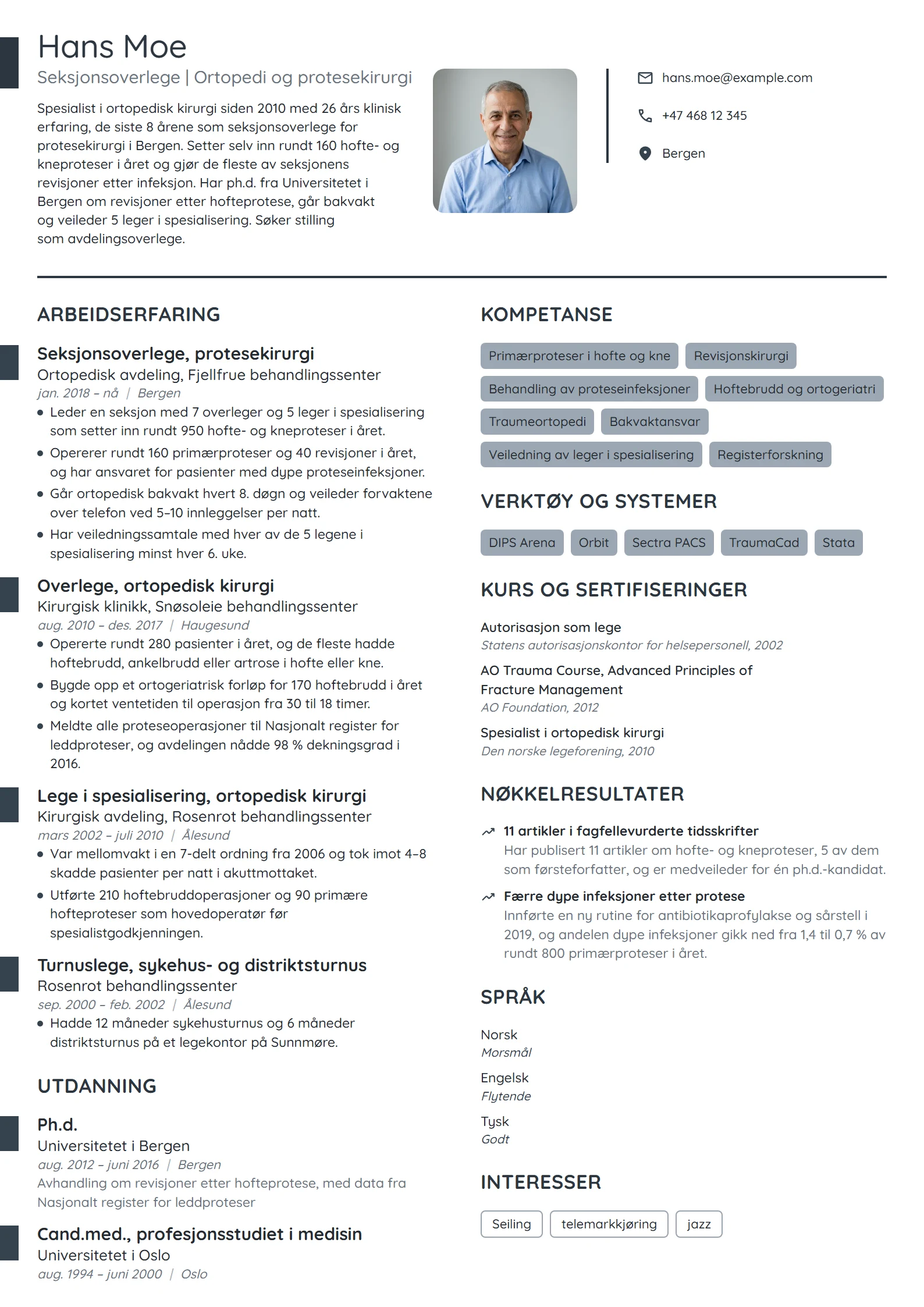 CV-eksempel for overlege i ortopedisk kirurgi