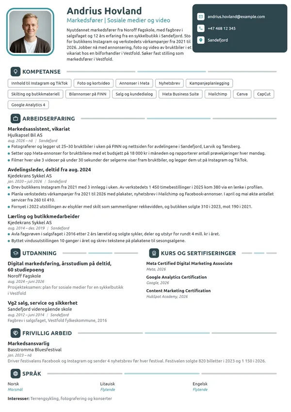 CV-eksempel for nyutdannet markedsfører med fagbrev i salg