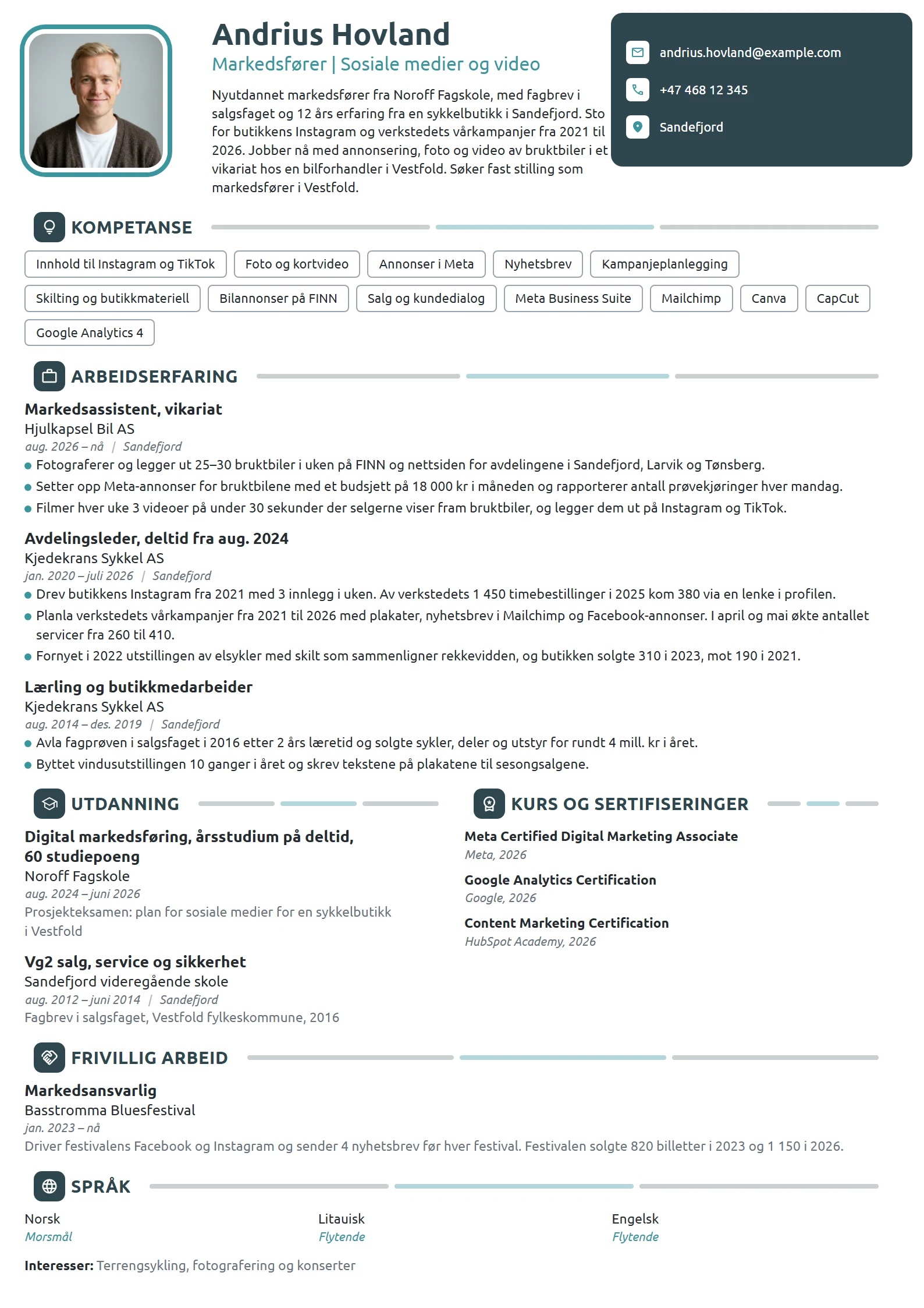 CV-eksempel for nyutdannet markedsfører med fagbrev i salg