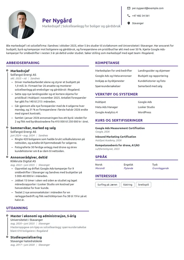 CV-eksempel for nyutdannet siviløkonom som markedssjef