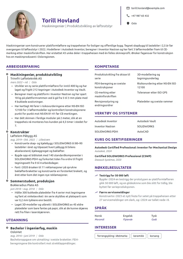 CV-eksempel for maskiningeniør, produktutvikling
