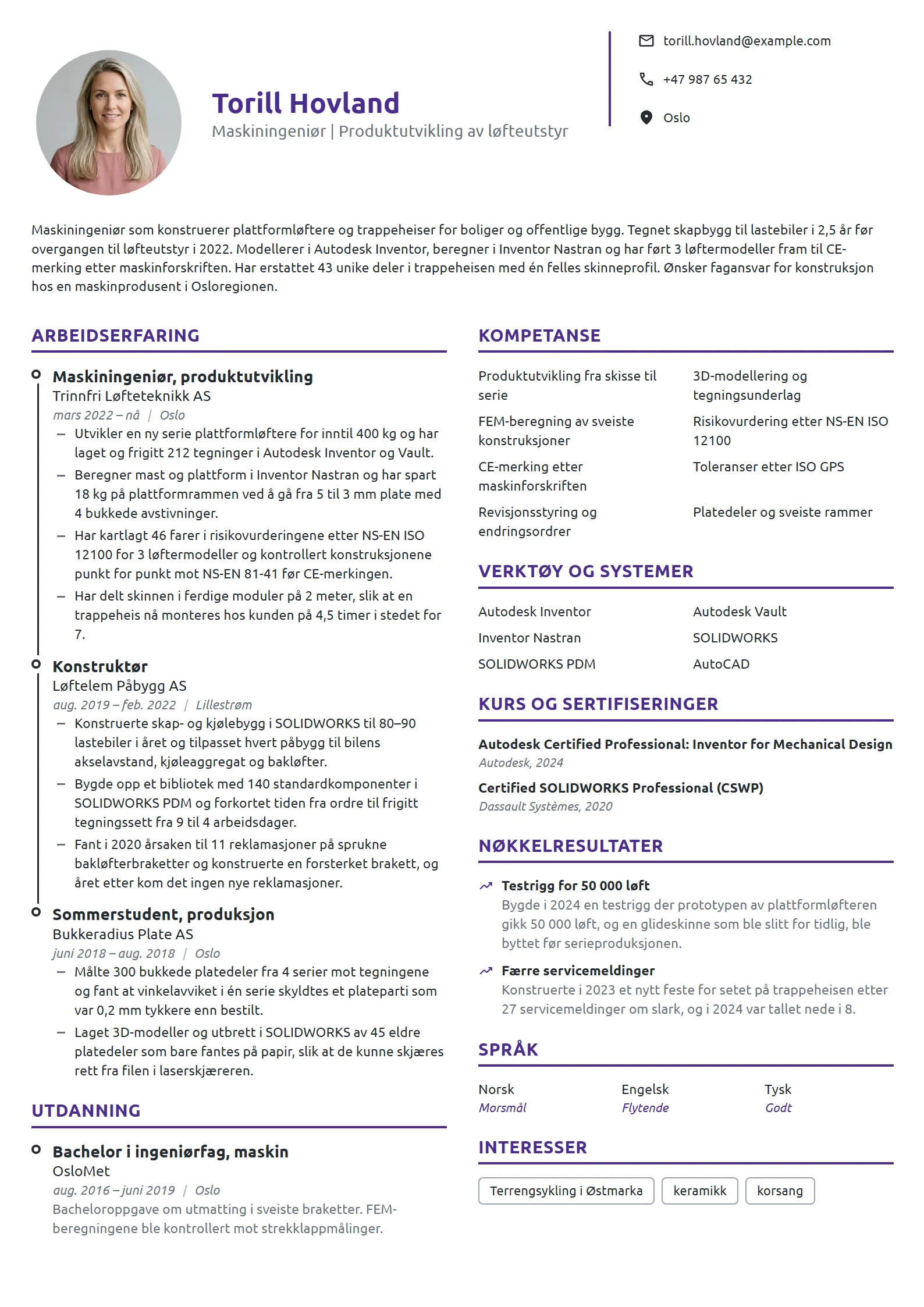 CV-eksempel for maskiningeniør, produktutvikling
