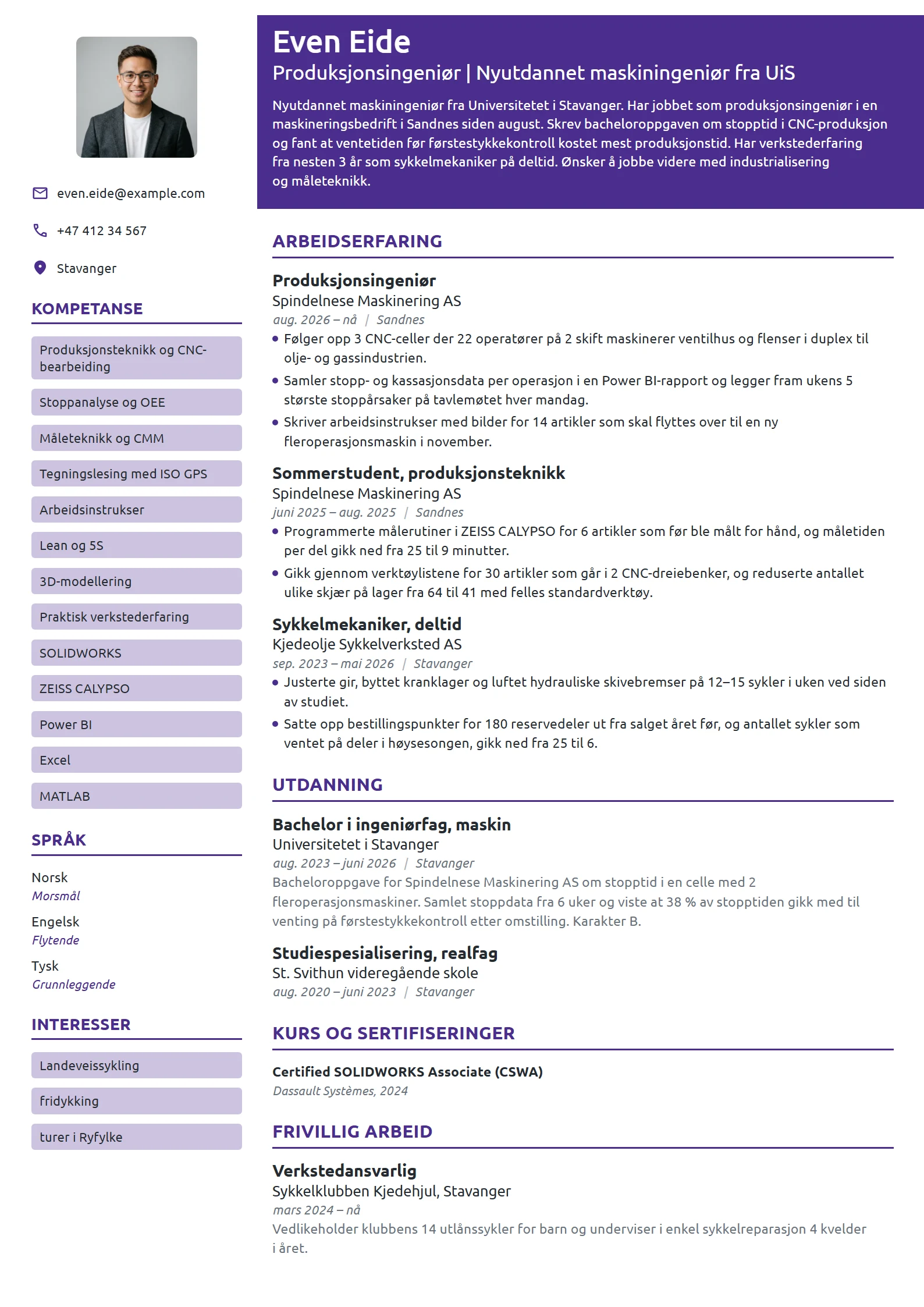 CV-eksempel for nyutdannet maskiningeniør i produksjon