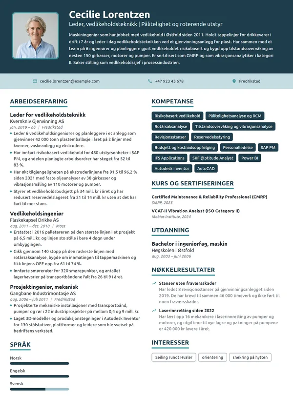 CV-eksempel for vedlikeholdsleder i prosessindustrien