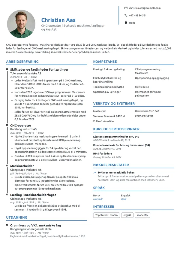 CV-eksempel for CNC-operatør og lærlingansvarlig
