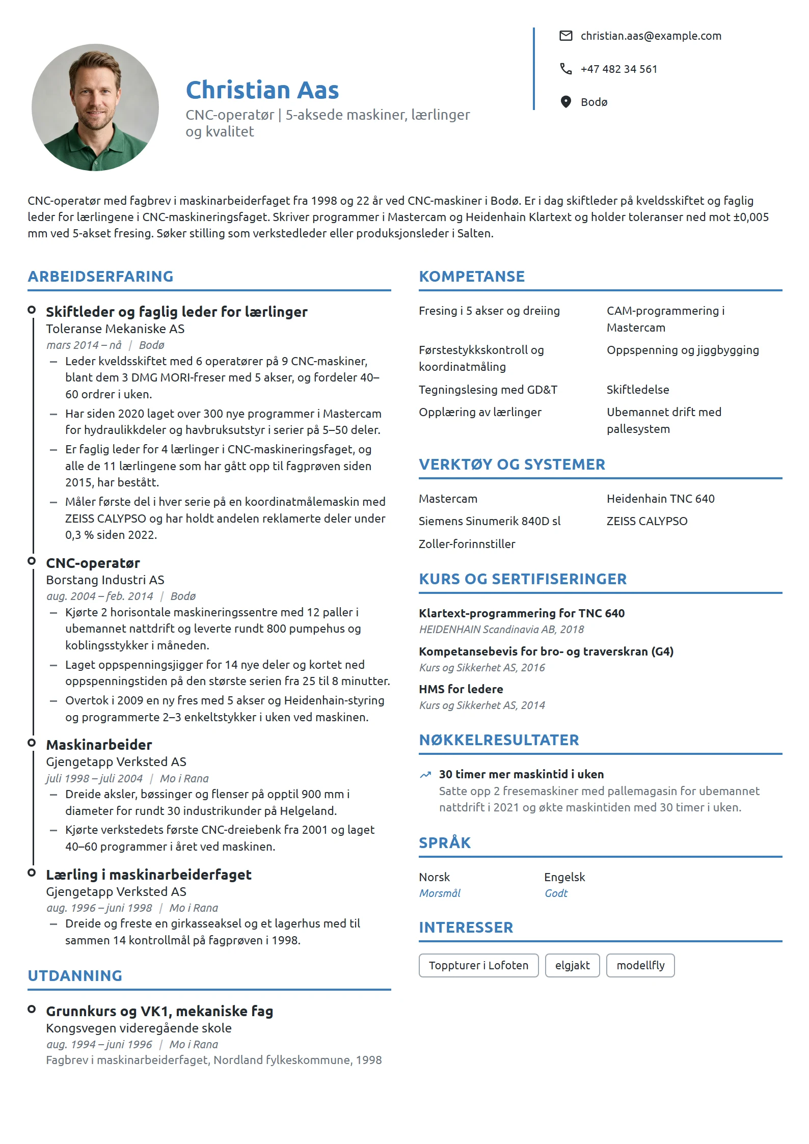 CV-eksempel for CNC-operatør og lærlingansvarlig