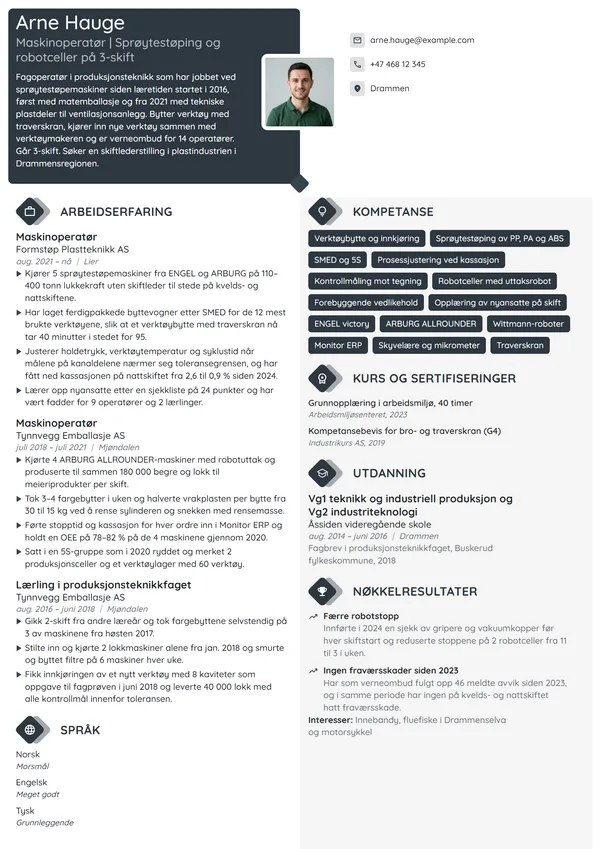 CV-eksempel for maskinoperatør, sprøytestøping