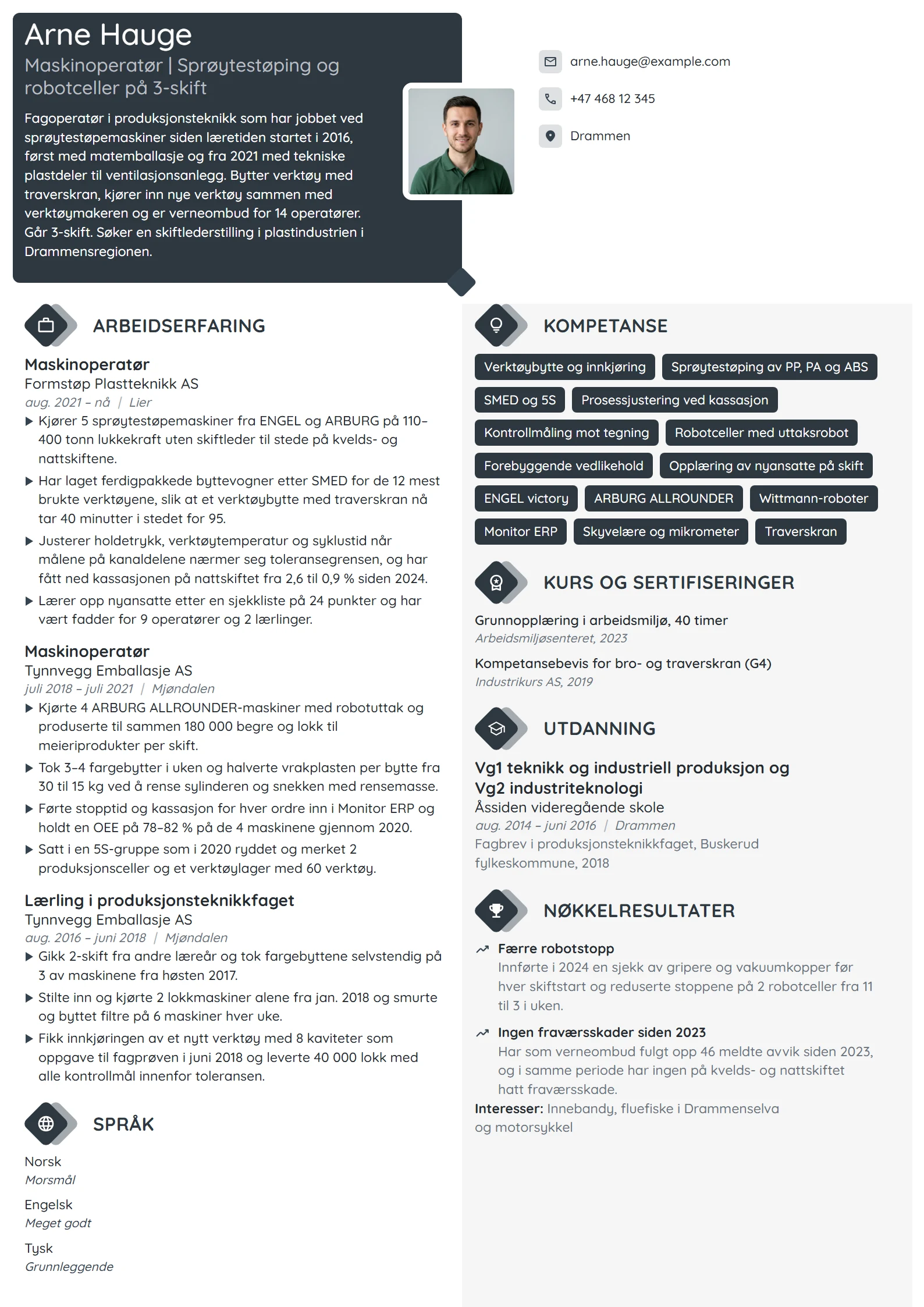 CV-eksempel for maskinoperatør, sprøytestøping