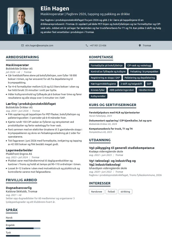 CV-eksempel for nyutdannet maskinoperatør, fyllelinje