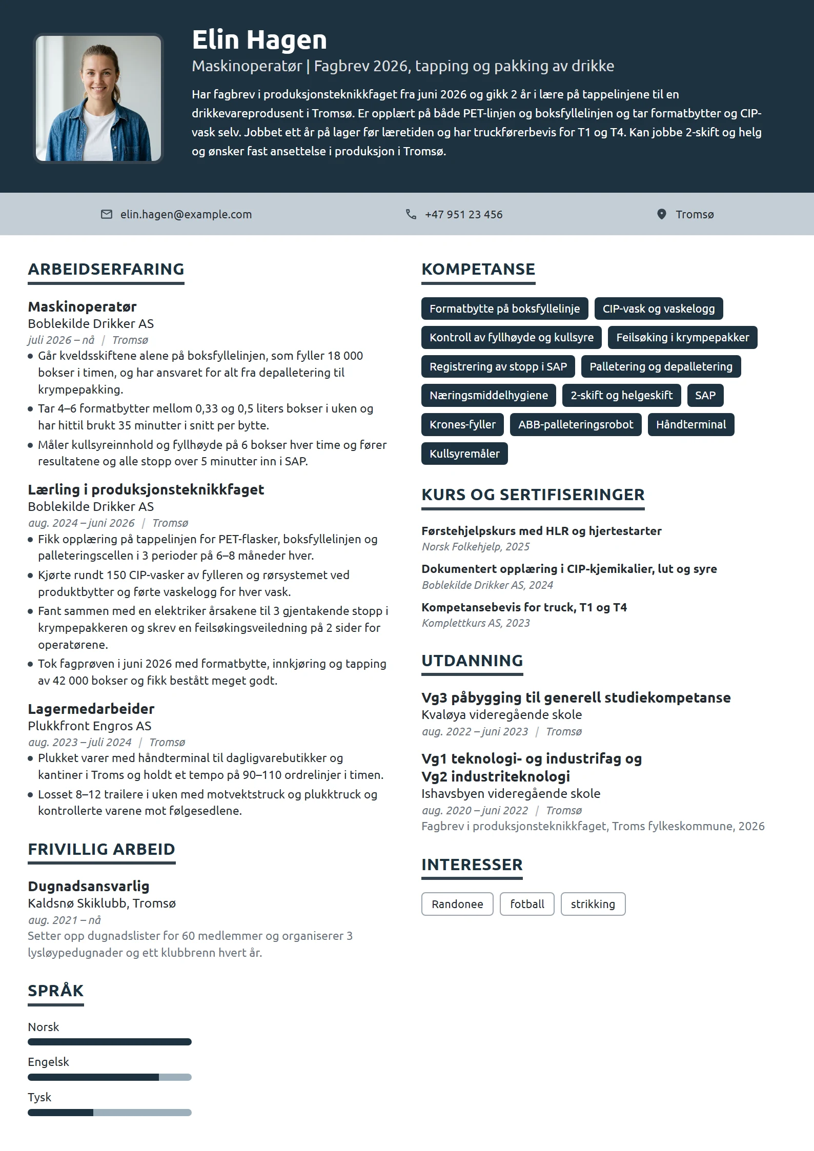CV-eksempel for nyutdannet maskinoperatør, fyllelinje