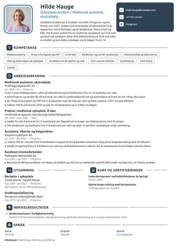 CV-eksempel for medisinsk assistent, sykepleierstudent