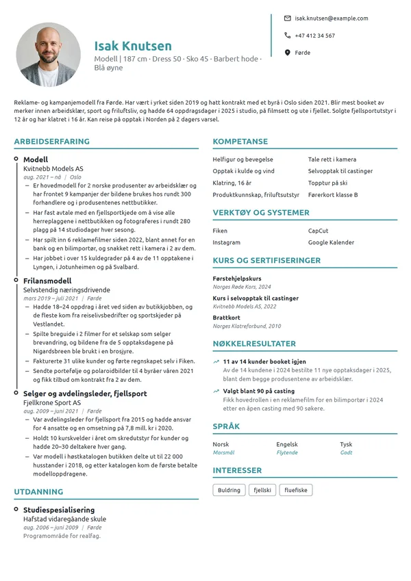 CV-eksempel for modell, kampanjer og reklamefilm