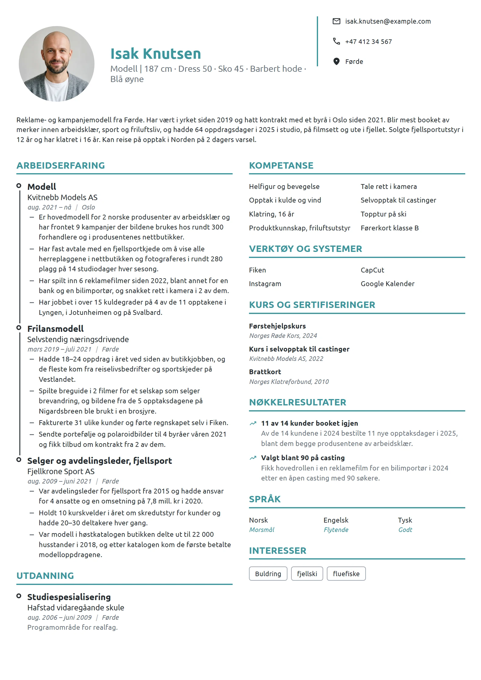 CV-eksempel for modell, kampanjer og reklamefilm