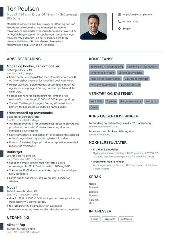 CV-eksempel for modell og booker, seniormodeller