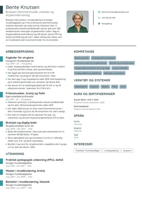 CV-eksempel for bratsjist og fagleder for strykere